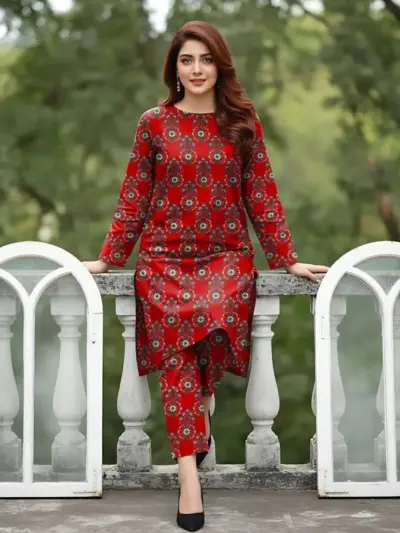 Elegant Red 2 Pcs Women’s Unstitched Printed Sussi Suit – Shirt & Trouser Set