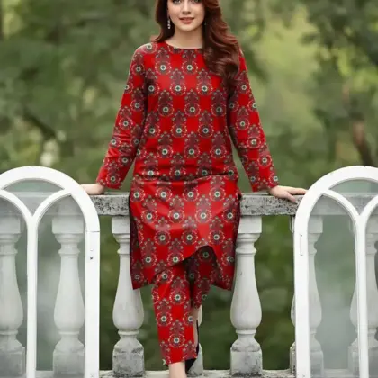 Elegant Red 2 Pcs Women’s Unstitched Printed Sussi Suit – Shirt & Trouser Set