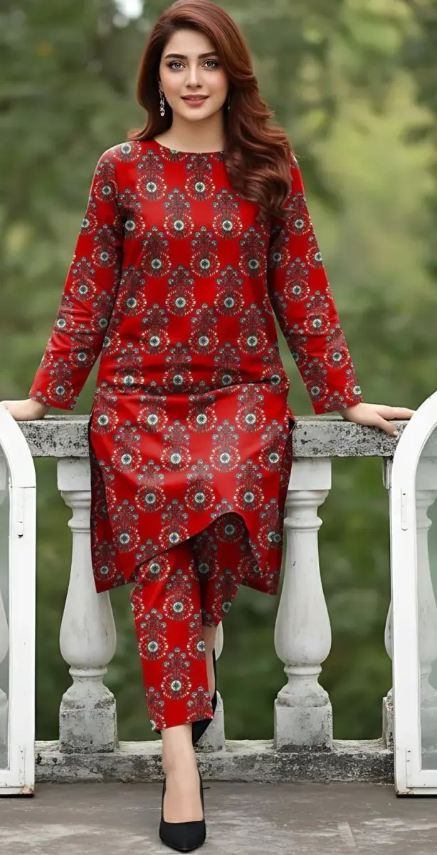 Elegant Red 2 Pcs Women’s Unstitched Printed Sussi Suit – Shirt & Trouser Set