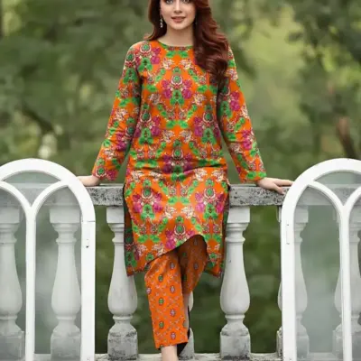 Elegant Orange 2 Pcs Women’s Unstitched Printed Sussi Suit – Shirt & Trouser Set