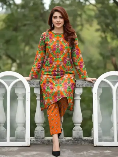 Elegant Orange 2 Pcs Women’s Unstitched Printed Sussi Suit – Shirt & Trouser Set