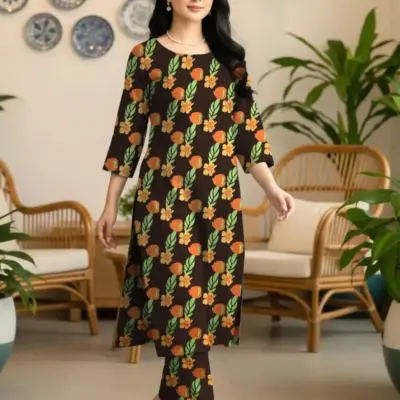 Elegant Brown 2 Pcs Women’s Unstitched Printed Sussi Suit – Shirt & Trouser Set