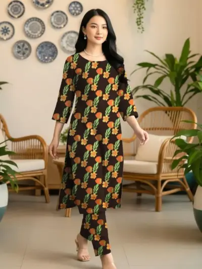 Elegant Brown 2 Pcs Women’s Unstitched Printed Sussi Suit – Shirt & Trouser Set