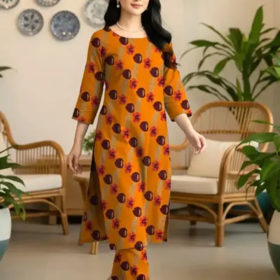 Elegant Yellow 2 Pcs Women’s Unstitched Printed Sussi Suit – Shirt & Trouser Set
