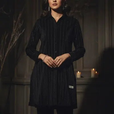 Women’s 2 Pcs Unstitched Printed Velvet Suit – Black (3 Yards Fabric)