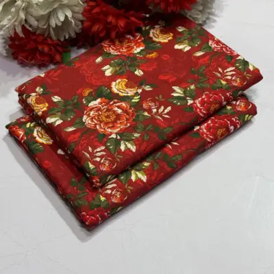 Women’s 2 Pcs Unstitched Printed Polo Cotton Suit – Red | Shirt & Trouser (2 Meter Each)