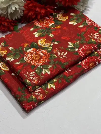 Women’s 2 Pcs Unstitched Printed Polo Cotton Suit – Red | Shirt & Trouser (2 Meter Each)