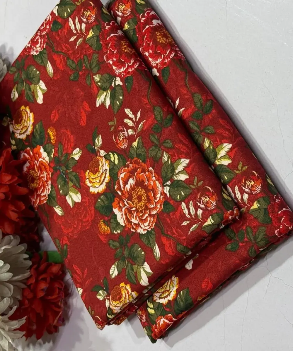 Women’s 2 Pcs Unstitched Printed Polo Cotton Suit – Red | Shirt & Trouser (2 Meter Each)