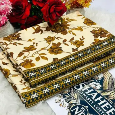 Women’s Golden 2-Piece Unstitched Printed Polo Cotton Suit – Shirt & Trouser Set (2 Meter Each)