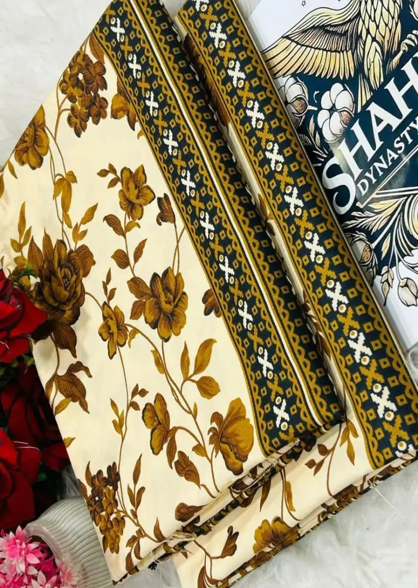 Women’s Golden 2-Piece Unstitched Printed Polo Cotton Suit – Shirt & Trouser Set (2 Meter Each)