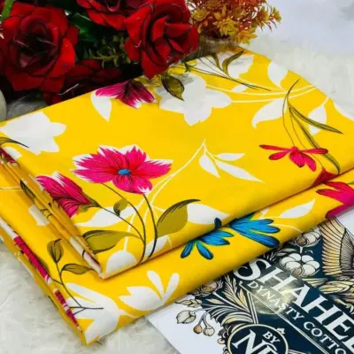 Women’s Yellow 2-Piece Unstitched Printed Polo Cotton Suit – Shirt & Trouser Set (2 Meter Each)