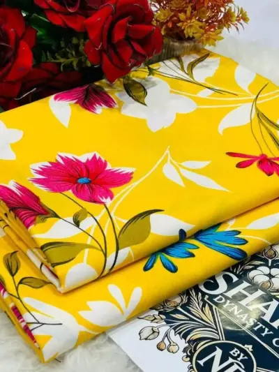 Women’s Yellow 2-Piece Unstitched Printed Polo Cotton Suit – Shirt & Trouser Set (2 Meter Each)