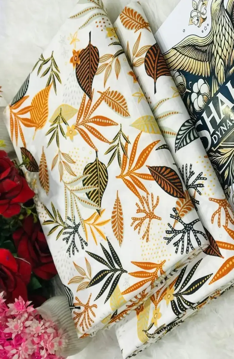 Women’s White Polo Cotton Printed Unstitched Suit – 2 Piece Shirt & Trouser (2 Meter Each)