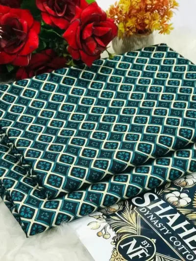 Women’s Green Polo Cotton Printed Unstitched Suit – 2 Piece Shirt & Trouser (2 Meter Each)