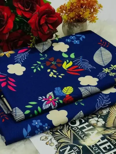 Women’s 2 Pcs Unstitched Printed Polo Cotton Suit – Blue | Shirt & Trouser (2m Each)