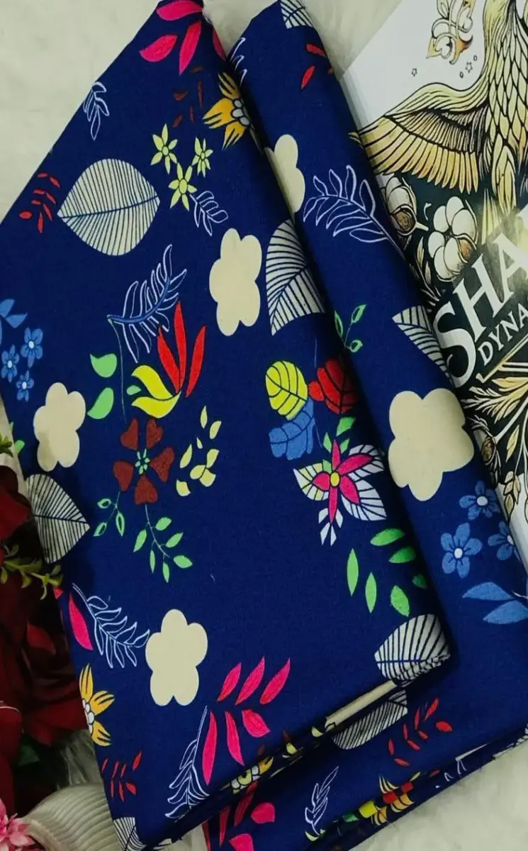 Women’s Blue Polo Cotton Printed Unstitched Suit – 2 Piece Shirt & Trouser (2 Meter Each)