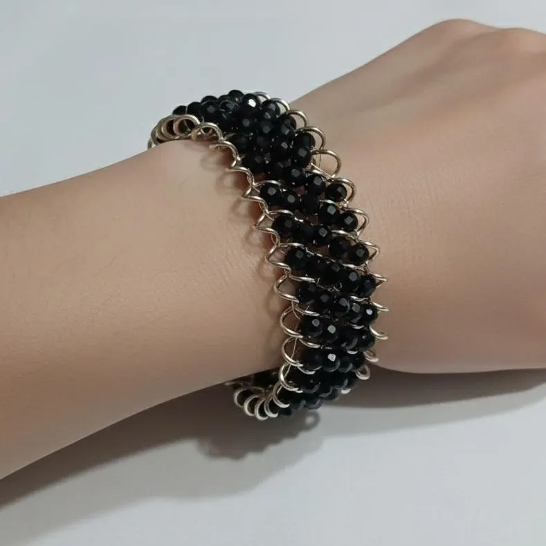 Modern Silver Plated Black Stone Kara Bracelet for Women – Adjustable Statement Cuff (1 Pc)