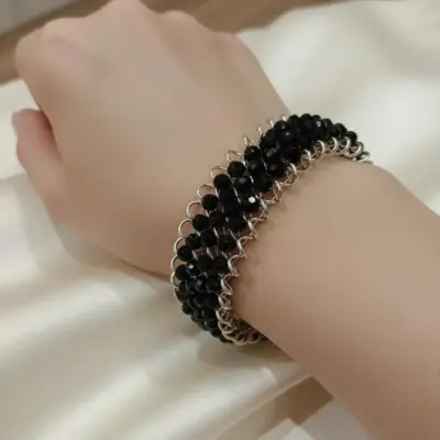 Modern Silver Plated Black Stone Kara Bracelet for Women – Adjustable Statement Cuff (1 Pc)