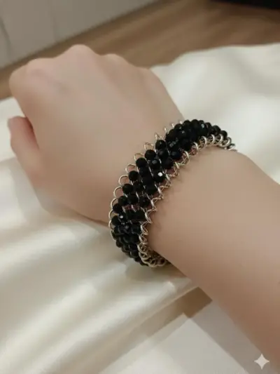 Modern Silver Plated Black Stone Kara Bracelet for Women – Adjustable Statement Cuff (1 Pc)