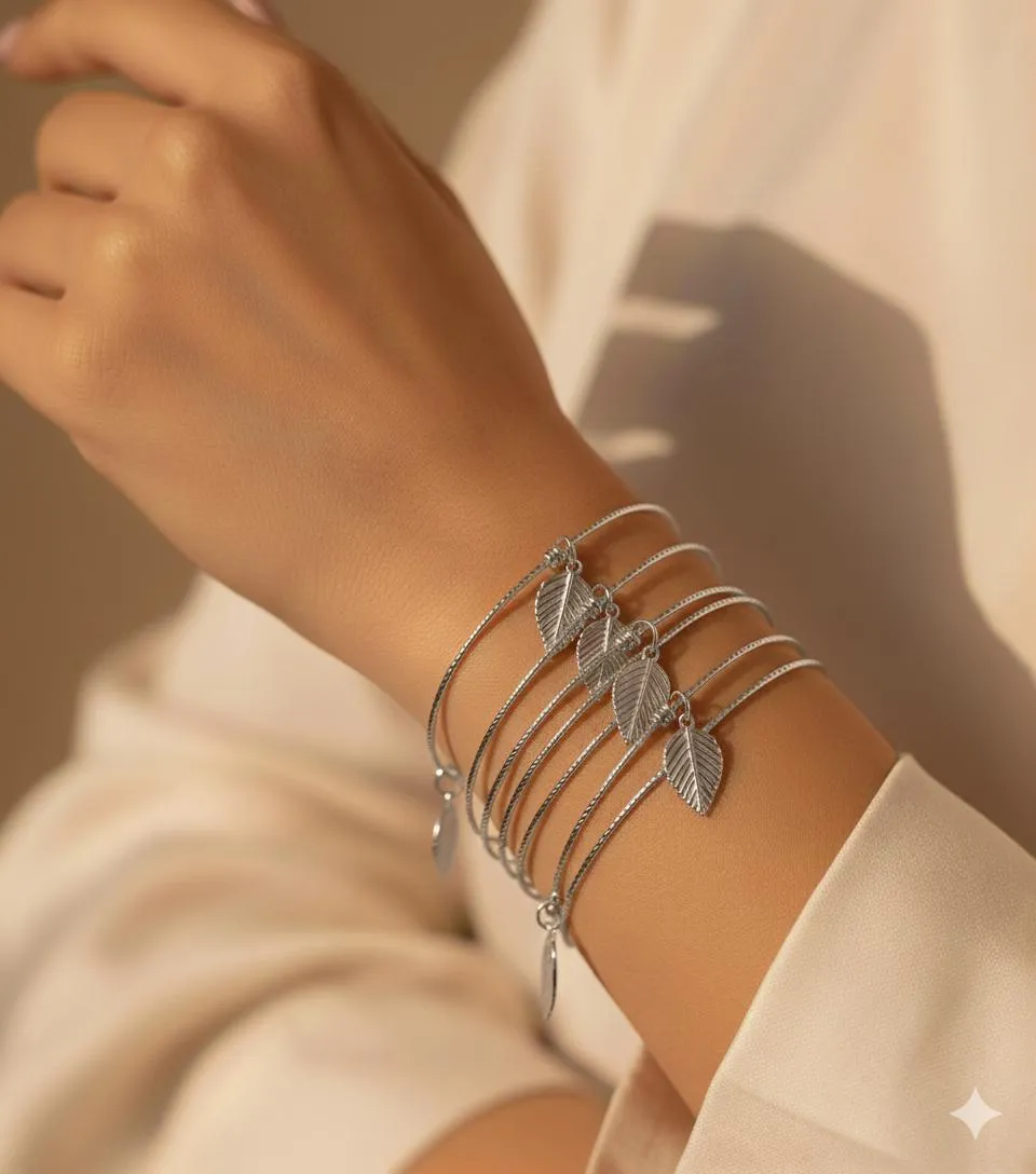 Modern Leaf Charm Bangle Set for Women – Silver Plated Alloy Plain Bangles (9 Pcs, Size 2.5, Gold & Silver)
