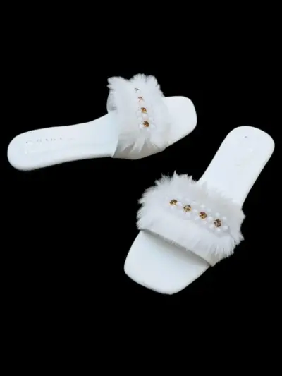 Women’s White Rexine Fancy Slippers – Elegant Flats for Casual, Formal & Semi-Formal Wear (Sizes 7–10)
