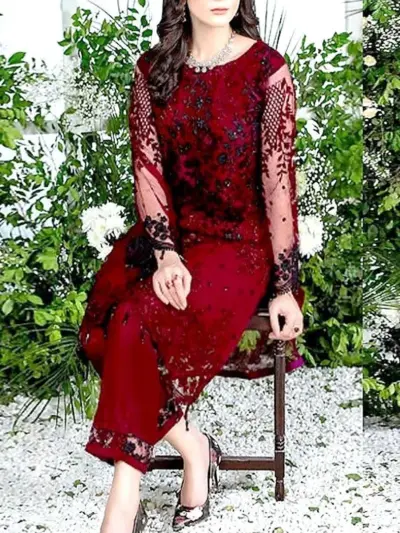 2 Pcs Women’s Unstitched Embroidered Chiffon & Linen Suit – Embroidered Shirt & Plain Trouser (2.5m Each, Red)