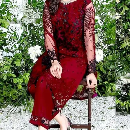 2 Pcs Women’s Unstitched Embroidered Chiffon & Linen Suit – Embroidered Shirt & Plain Trouser (2.5m Each, Red)