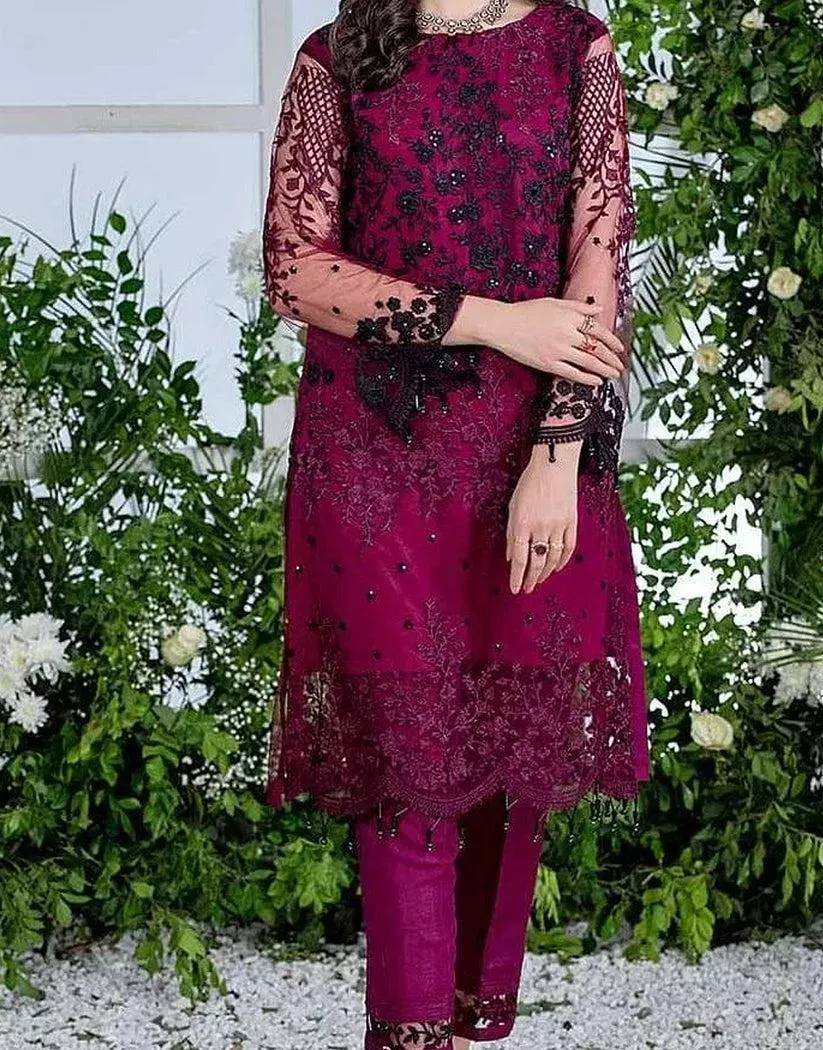 2 Pcs Women’s Unstitched Embroidered Chiffon & Linen Suit – Embroidered Shirt & Plain Trouser (2.5m Each, Pink)