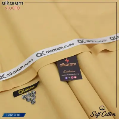 Alkaram Men’s Unstitched Soft Cotton Plain Suit – Yellow, 4.5 Meter Summer Fabric