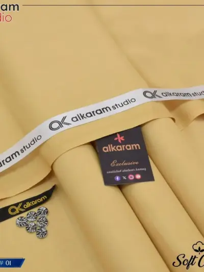 Alkaram Men’s Unstitched Soft Cotton Plain Suit – Yellow, 4.5 Meter Summer Fabric