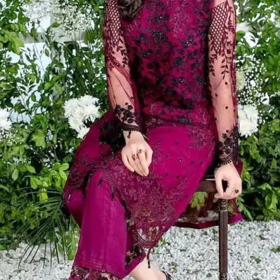 2 Pcs Women’s Unstitched Embroidered Chiffon & Linen Suit – Embroidered Shirt & Plain Trouser (2.5m Each, Pink)