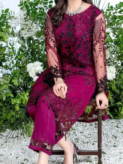 2 Pcs Women’s Unstitched Embroidered Chiffon & Linen Suit – Embroidered Shirt & Plain Trouser (2.5m Each, Pink)