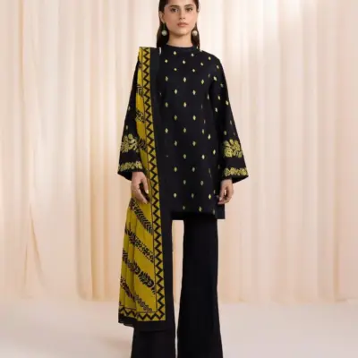 Women’s 3-Piece Unstitched Embroidered Lawn Suit with Diamond Dupatta – Black | Shirt, Trouser & Dupatta | 2.5 Meter Each