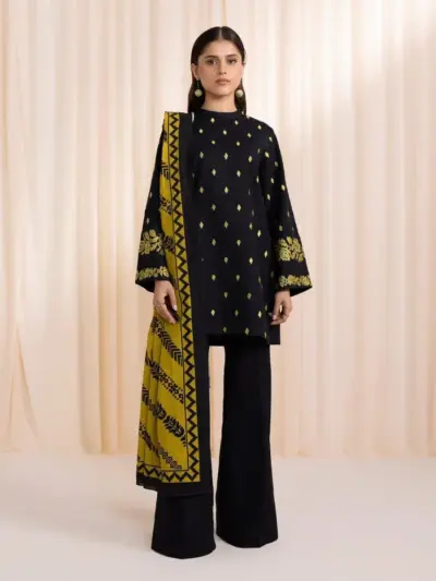 Women’s 3-Piece Unstitched Embroidered Lawn Suit with Diamond Dupatta – Black | Shirt, Trouser & Dupatta | 2.5 Meter Each