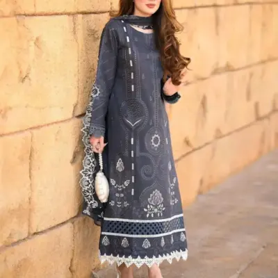 3 Pcs Women’s Unstitched Printed Dhanak Suit – Digital Print Shirt, Plain Trouser & Chiffon Dupatta (2.5m Each, Multicolor)