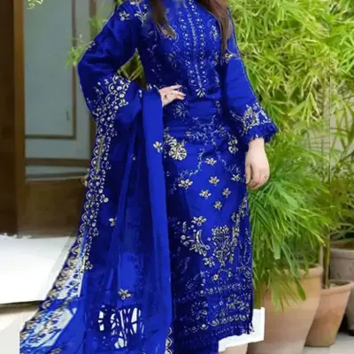 3 Pcs Women’s Unstitched Embroidered Chiffon Suit – Embroidered Shirt, Plain Trouser & Dupatta (2.5m Each, Multicolor)