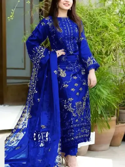 3 Pcs Women’s Unstitched Embroidered Chiffon Suit – Embroidered Shirt, Plain Trouser & Dupatta (2.5m Each, Multicolor)
