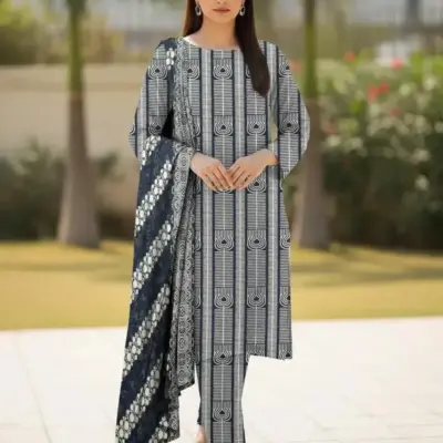 3 Pcs Women’s Unstitched Printed Dhanak Suit – Digital Print Shirt, Plain Trouser & Chiffon Dupatta (2.5m Each, Multicolor)