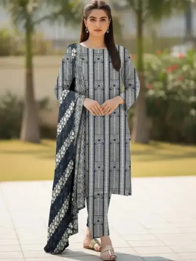 3 Pcs Women’s Unstitched Printed Dhanak Suit – Digital Print Shirt, Plain Trouser & Chiffon Dupatta (2.5m Each, Multicolor)