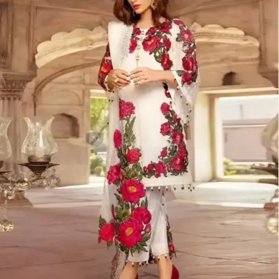 3 Pcs Women’s Unstitched Printed Dhanak Suit – Digital Print Shirt, Plain Trouser & Chiffon Dupatta (2.5m Each, Multicolor)