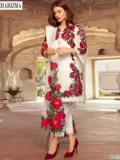 3 Pcs Women’s Unstitched Printed Dhanak Suit – Digital Print Shirt, Plain Trouser & Chiffon Dupatta (2.5m Each, Multicolor)