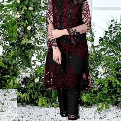 2 Pcs Women’s Unstitched Embroidered Chiffon & Linen Suit – Embroidered Shirt & Plain Trouser (2.5m Each, Maroon)