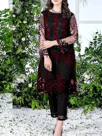 2 Pcs Women’s Unstitched Embroidered Chiffon & Linen Suit – Embroidered Shirt & Plain Trouser (2.5m Each, Maroon)