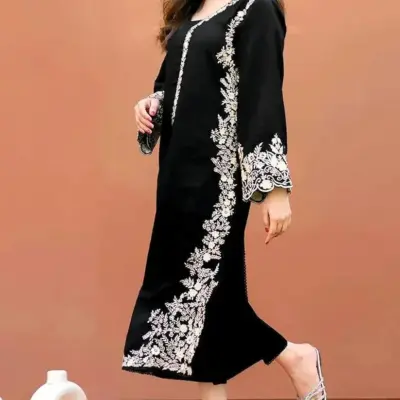 2 Pcs Women’s Unstitched Embroidered Chiffon & Linen Suit – Embroidered Shirt & Plain Trouser (2.5m Each, Black)