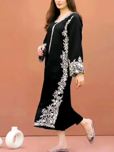 2 Pcs Women’s Unstitched Embroidered Chiffon & Linen Suit – Embroidered Shirt & Plain Trouser (2.5m Each, Black)