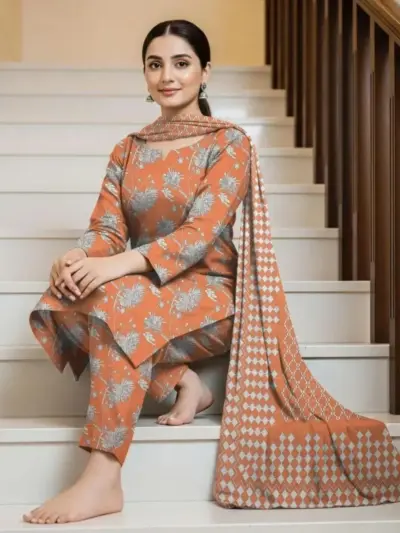 3 Pcs Women’s Unstitched Printed Dhanak & Chiffon Suit – Digital Print Shirt, Plain Trouser & Printed Dupatta (2.5m Each, Multicolor)