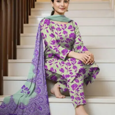 3 Pcs Women’s Unstitched Printed Dhanak & Chiffon Suit – Digital Print Shirt, Plain Trouser & Printed Dupatta (2.5m Each, Multicolor)