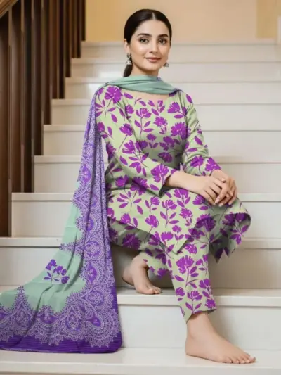 3 Pcs Women’s Unstitched Printed Dhanak & Chiffon Suit – Digital Print Shirt, Plain Trouser & Printed Dupatta (2.5m Each, Multicolor)