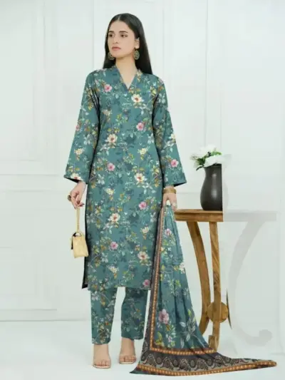 3 Pcs Women’s Unstitched Printed Dhanak & Chiffon Suit – Digital Print Shirt, Plain Trouser & Printed Dupatta (2.5m Each, Multicolor)