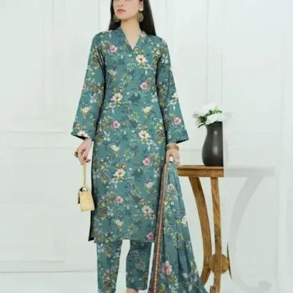 3 Pcs Women’s Unstitched Printed Dhanak & Chiffon Suit – Digital Print Shirt, Plain Trouser & Printed Dupatta (2.5m Each, Multicolor)